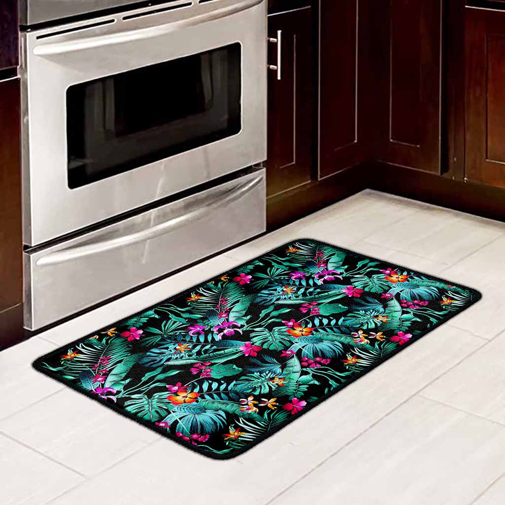 Teal Tropical Leaf Hawaii Pattern Print Kitchen Mat