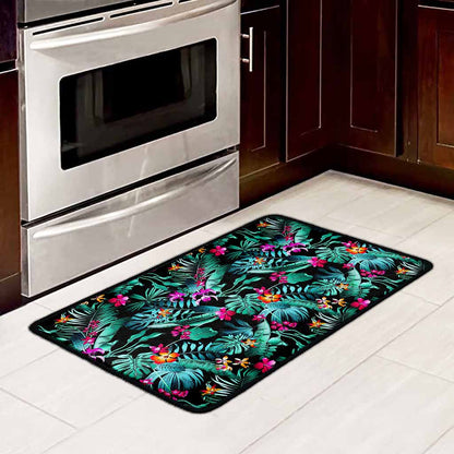 Teal Tropical Leaf Hawaii Pattern Print Kitchen Mat