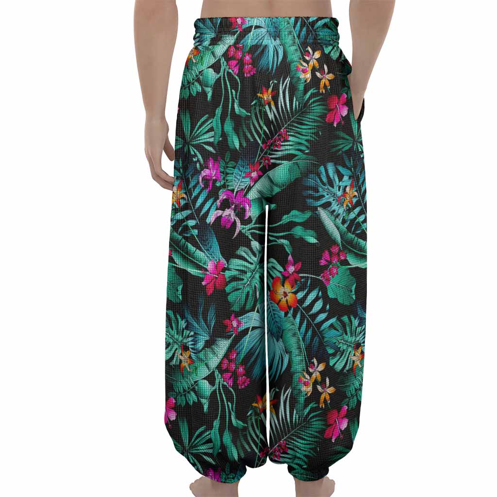 Teal Tropical Leaf Hawaii Pattern Print Lantern Pants