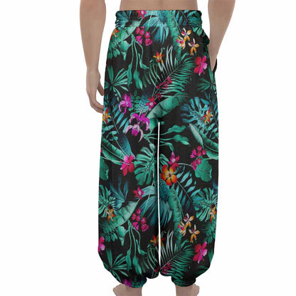 Teal Tropical Leaf Hawaii Pattern Print Lantern Pants