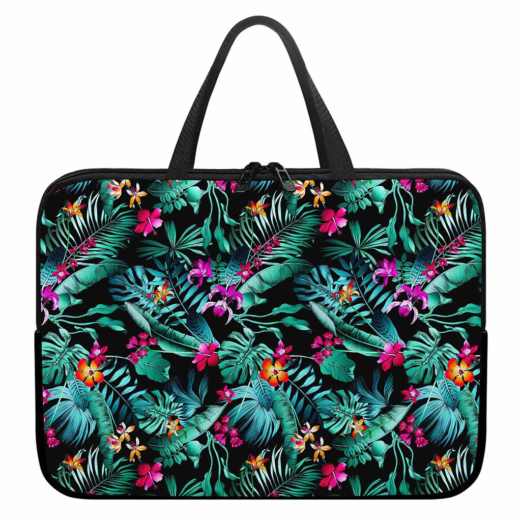Teal Tropical Leaf Hawaii Pattern Print Laptop Sleeve With Handle