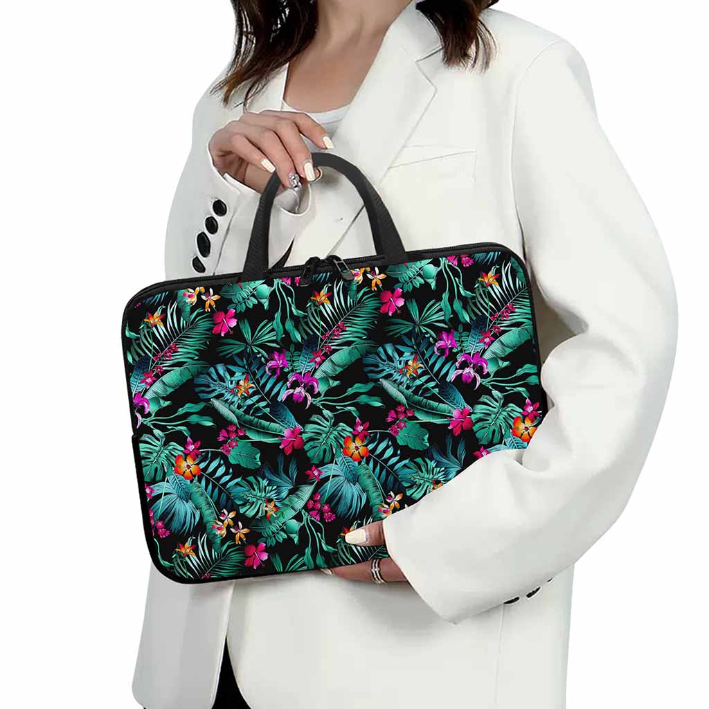 Teal Tropical Leaf Hawaii Pattern Print Laptop Sleeve With Handle