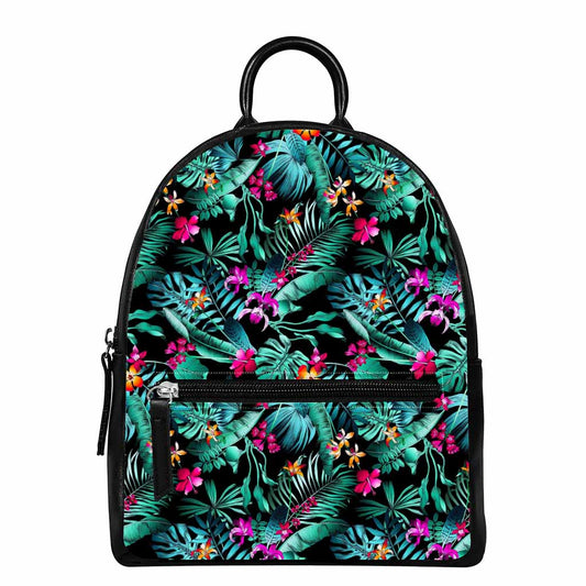 Teal Tropical Leaf Hawaii Pattern Print Leather Backpack