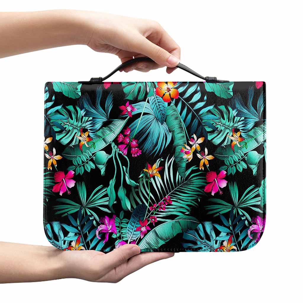 Teal Tropical Leaf Hawaii Pattern Print Leather Bible Cover
