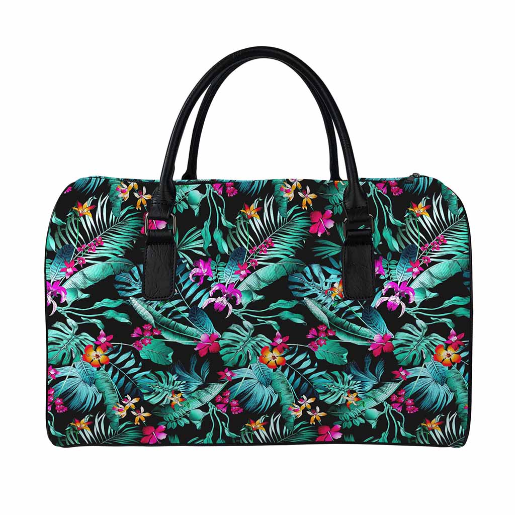 Teal Tropical Leaf Hawaii Pattern Print Leather Duffle Bag