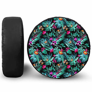 Teal Tropical Leaf Hawaii Pattern Print Leather Spare Tire Cover