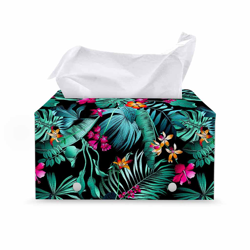 Teal Tropical Leaf Hawaii Pattern Print Leather Tissue Box Cover