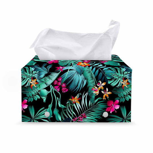 Teal Tropical Leaf Hawaii Pattern Print Leather Tissue Box Cover