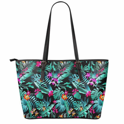 Teal Tropical Leaf Hawaii Pattern Print Leather Tote Bag
