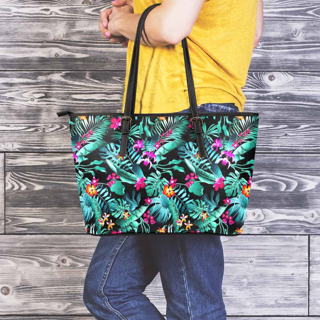Teal Tropical Leaf Hawaii Pattern Print Leather Tote Bag