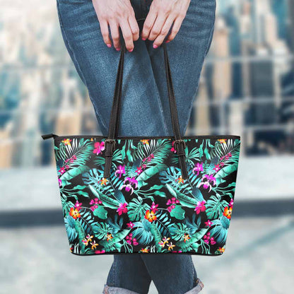Teal Tropical Leaf Hawaii Pattern Print Leather Tote Bag