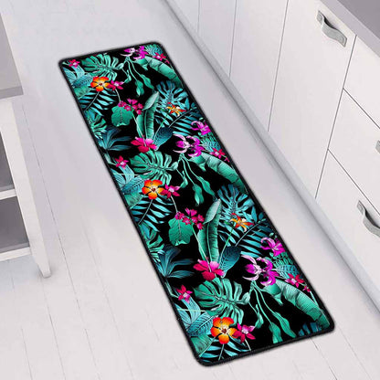 Teal Tropical Leaf Hawaii Pattern Print Long Kitchen Mat
