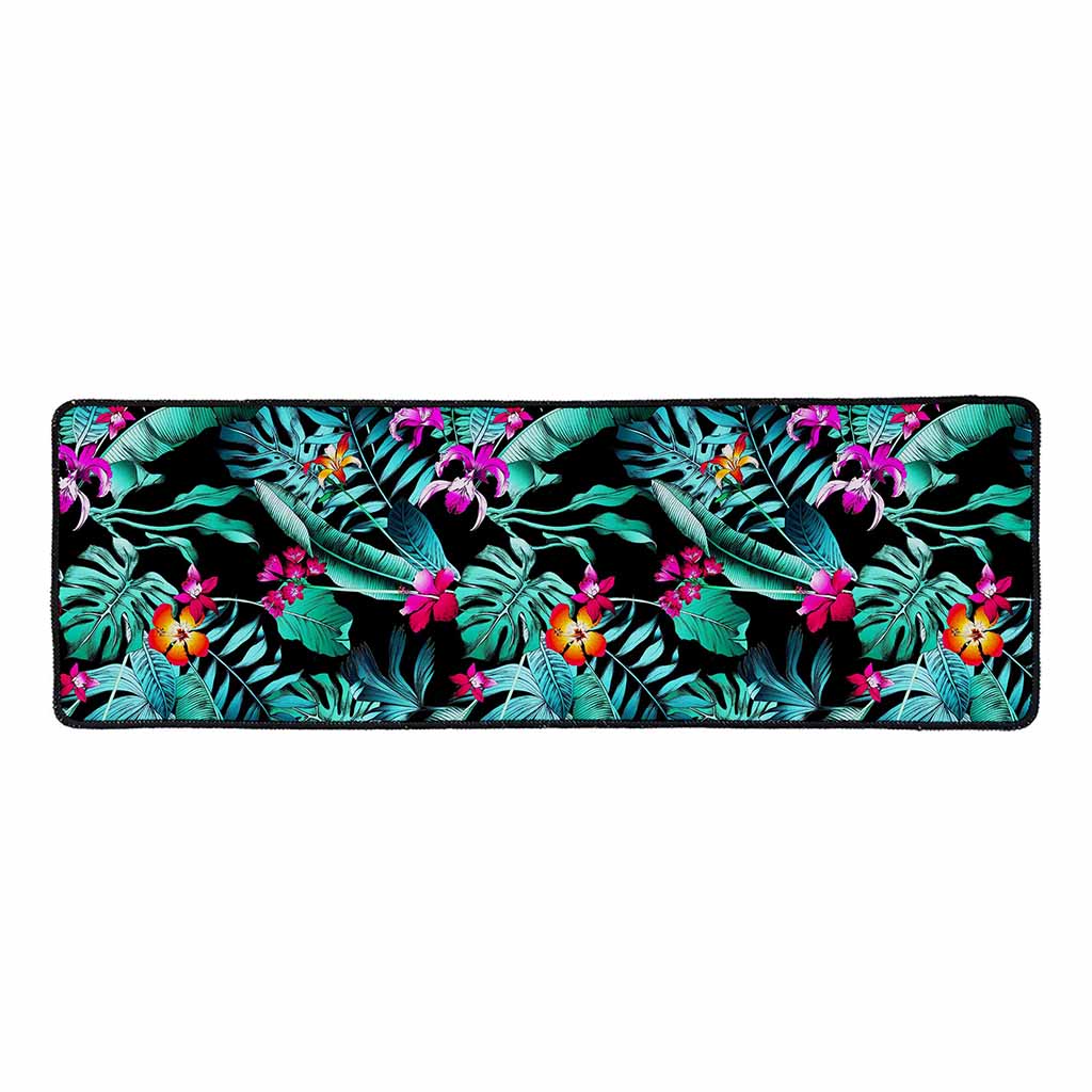 Teal Tropical Leaf Hawaii Pattern Print Long Kitchen Mat