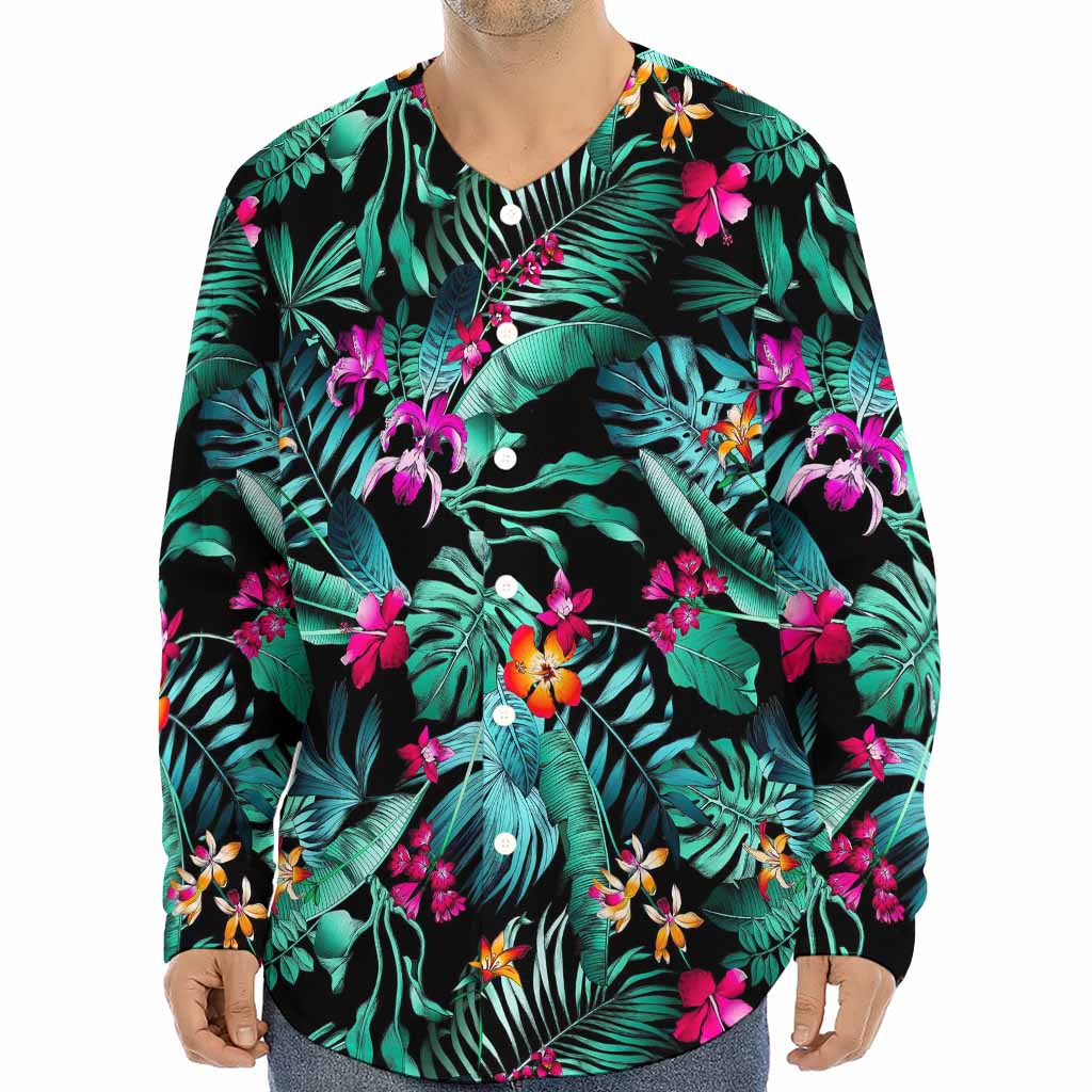 Teal Tropical Leaf Hawaii Pattern Print Long Sleeve Baseball Jersey