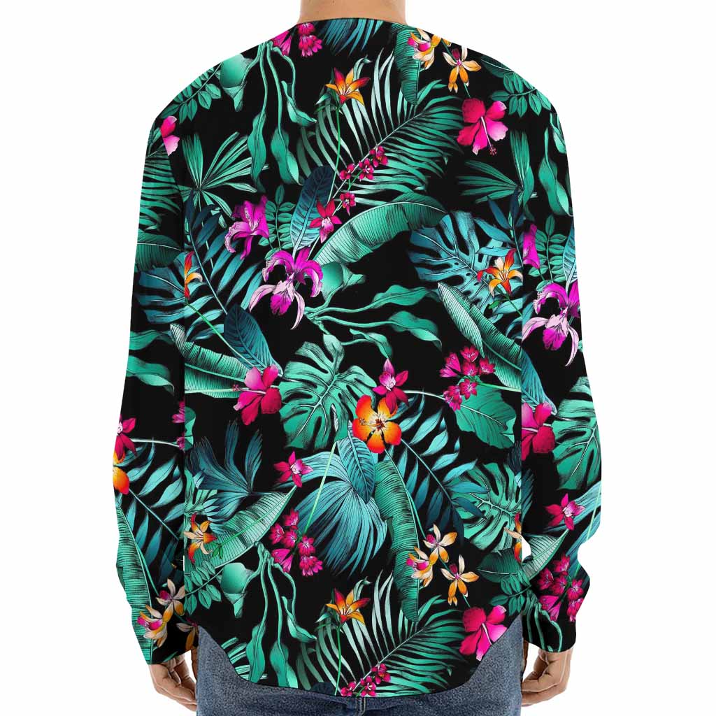 Teal Tropical Leaf Hawaii Pattern Print Long Sleeve Baseball Jersey