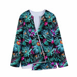 Teal Tropical Leaf Hawaii Pattern Print Long Sleeve Short Coat