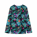 Teal Tropical Leaf Hawaii Pattern Print Long Sleeve Short Coat
