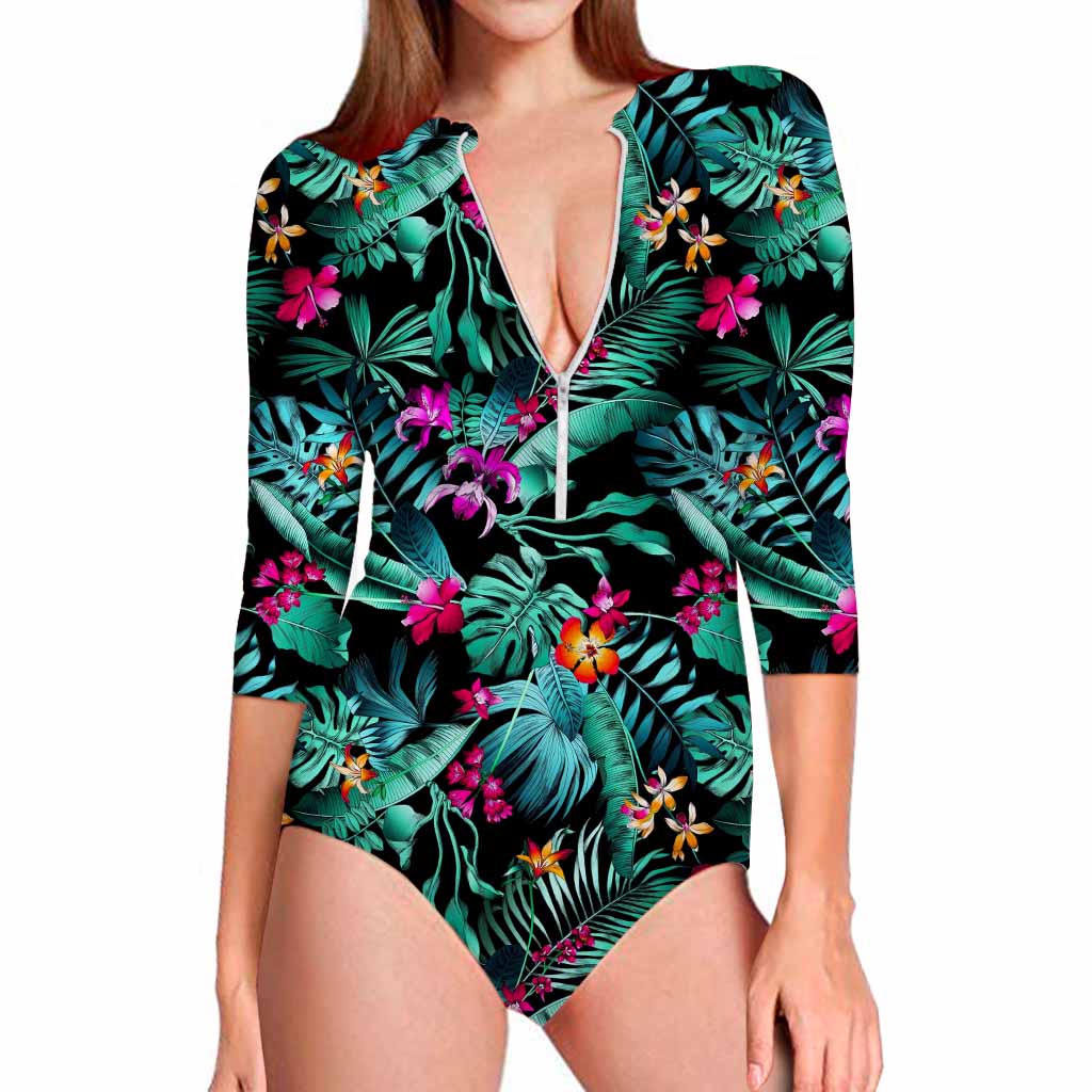 Teal Tropical Leaf Hawaii Pattern Print Long Sleeve Swimsuit