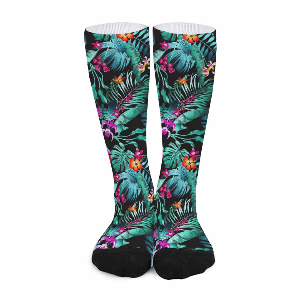 Teal Tropical Leaf Hawaii Pattern Print Long Socks