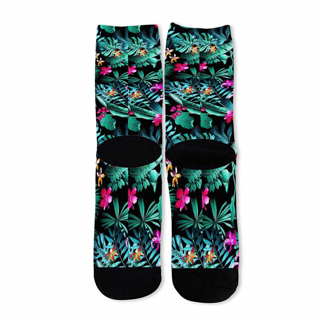 Teal Tropical Leaf Hawaii Pattern Print Long Socks