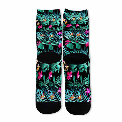 Teal Tropical Leaf Hawaii Pattern Print Long Socks