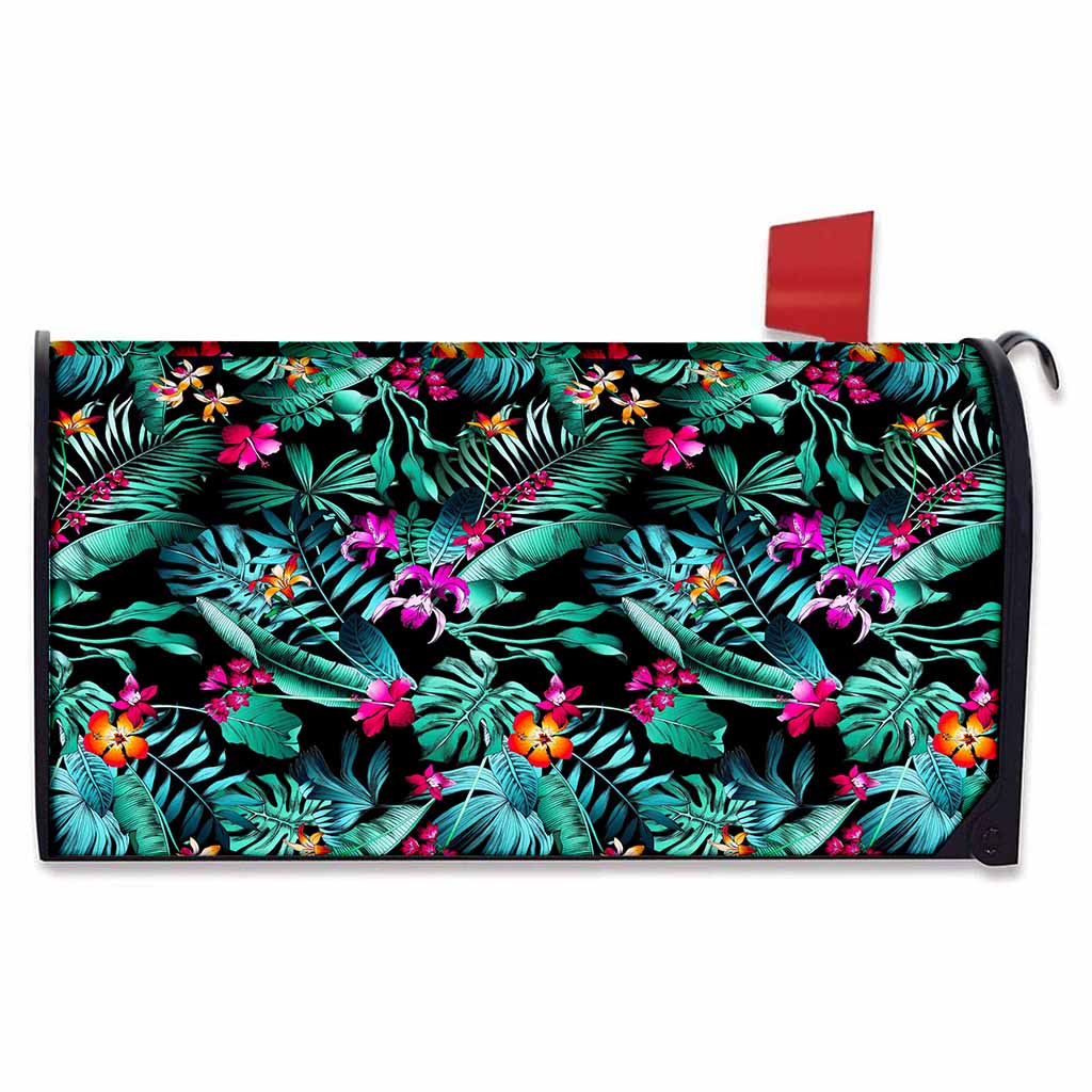 Teal Tropical Leaf Hawaii Pattern Print Mailbox Cover