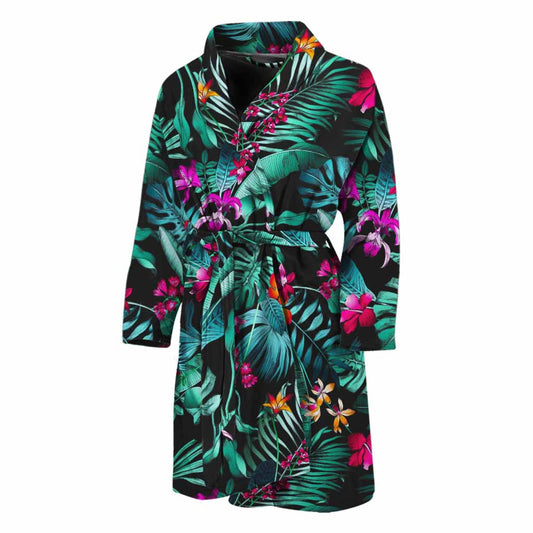 Teal Tropical Leaf Hawaii Pattern Print Men's Bathrobe