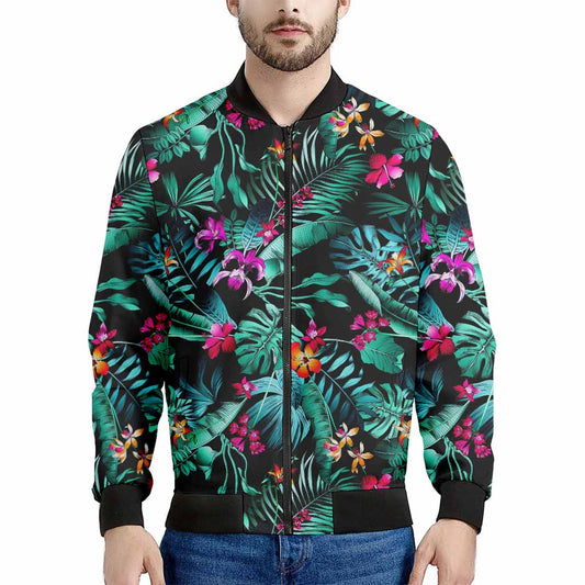 Teal Tropical Leaf Hawaii Pattern Print Men's Bomber Jacket