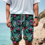 Teal Tropical Leaf Hawaii Pattern Print Men's Cargo Shorts