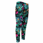 Teal Tropical Leaf Hawaii Pattern Print Men's Compression Pants