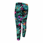 Teal Tropical Leaf Hawaii Pattern Print Men's Compression Pants