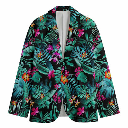 Teal Tropical Leaf Hawaii Pattern Print Men's Cotton Blazer