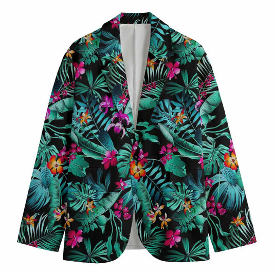Teal Tropical Leaf Hawaii Pattern Print Men's Cotton Blazer