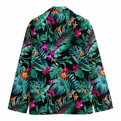 Teal Tropical Leaf Hawaii Pattern Print Men's Cotton Blazer