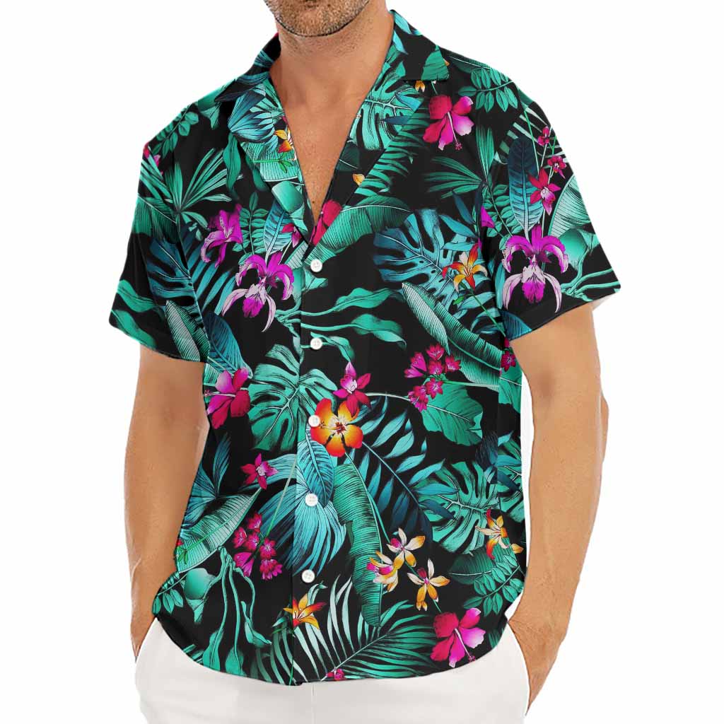 Teal Tropical Leaf Hawaii Pattern Print Men's Deep V-Neck Shirt