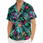 Teal Tropical Leaf Hawaii Pattern Print Men's Deep V-Neck Shirt