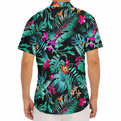 Teal Tropical Leaf Hawaii Pattern Print Men's Deep V-Neck Shirt
