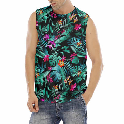 Teal Tropical Leaf Hawaii Pattern Print Men's Fitness Tank Top