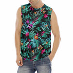 Teal Tropical Leaf Hawaii Pattern Print Men's Fitness Tank Top