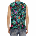 Teal Tropical Leaf Hawaii Pattern Print Men's Fitness Tank Top