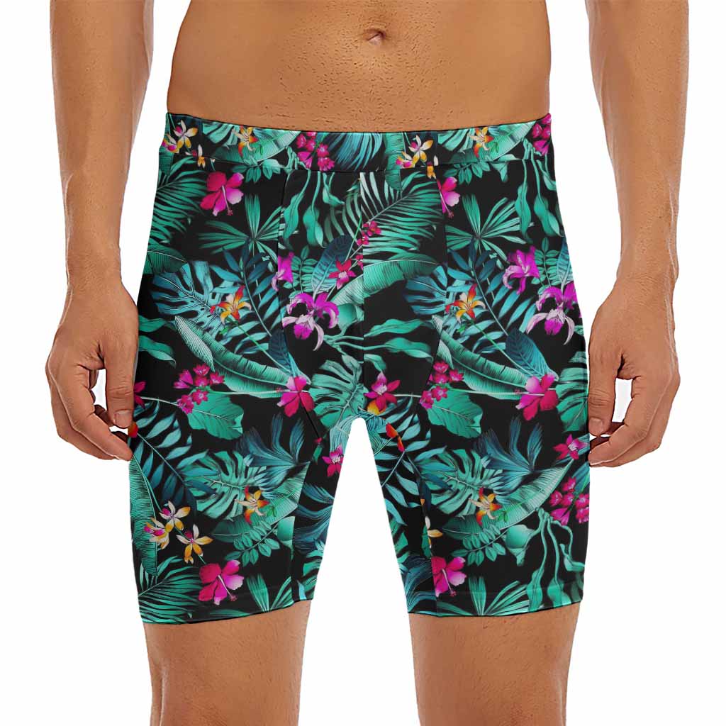 Teal Tropical Leaf Hawaii Pattern Print Men's Long Boxer Briefs