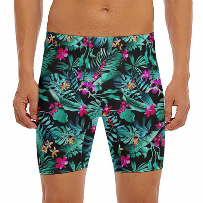 Teal Tropical Leaf Hawaii Pattern Print Men's Long Boxer Briefs