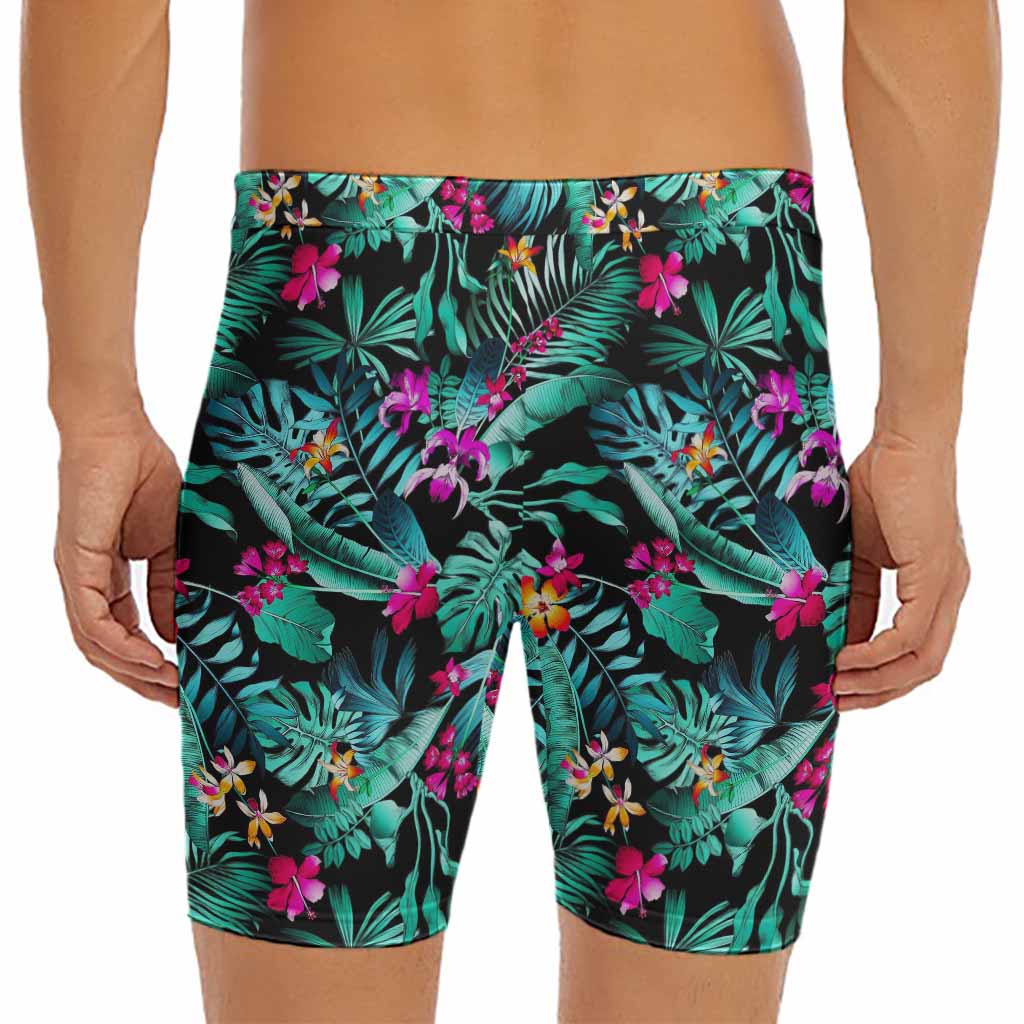 Teal Tropical Leaf Hawaii Pattern Print Men's Long Boxer Briefs
