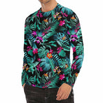 Teal Tropical Leaf Hawaii Pattern Print Men's Long Sleeve Rash Guard