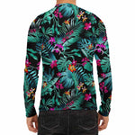Teal Tropical Leaf Hawaii Pattern Print Men's Long Sleeve Rash Guard