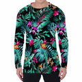 Teal Tropical Leaf Hawaii Pattern Print Men's Long Sleeve T-Shirt