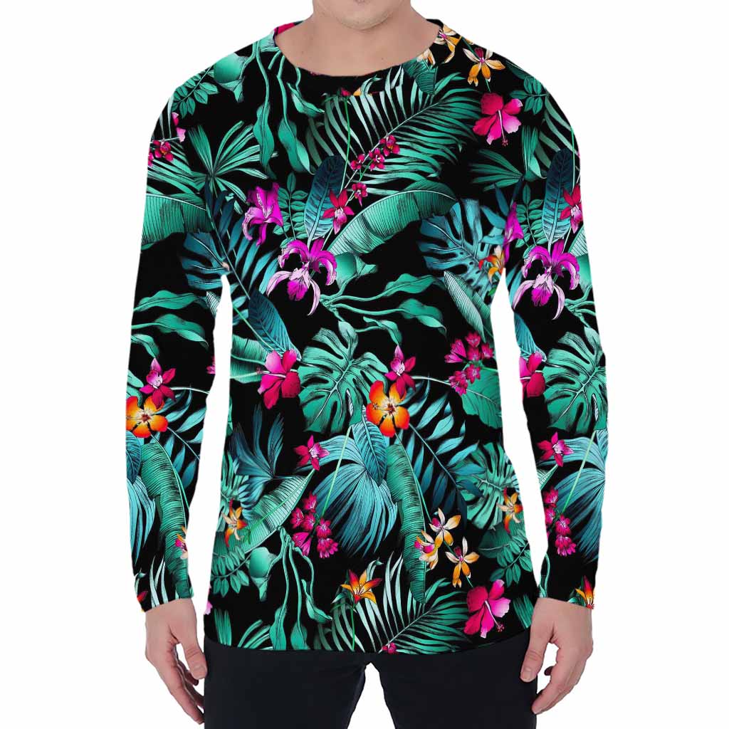 Teal Tropical Leaf Hawaii Pattern Print Men's Long Sleeve T-Shirt