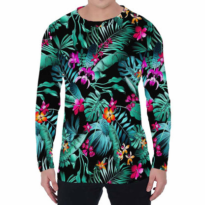 Teal Tropical Leaf Hawaii Pattern Print Men's Long Sleeve T-Shirt