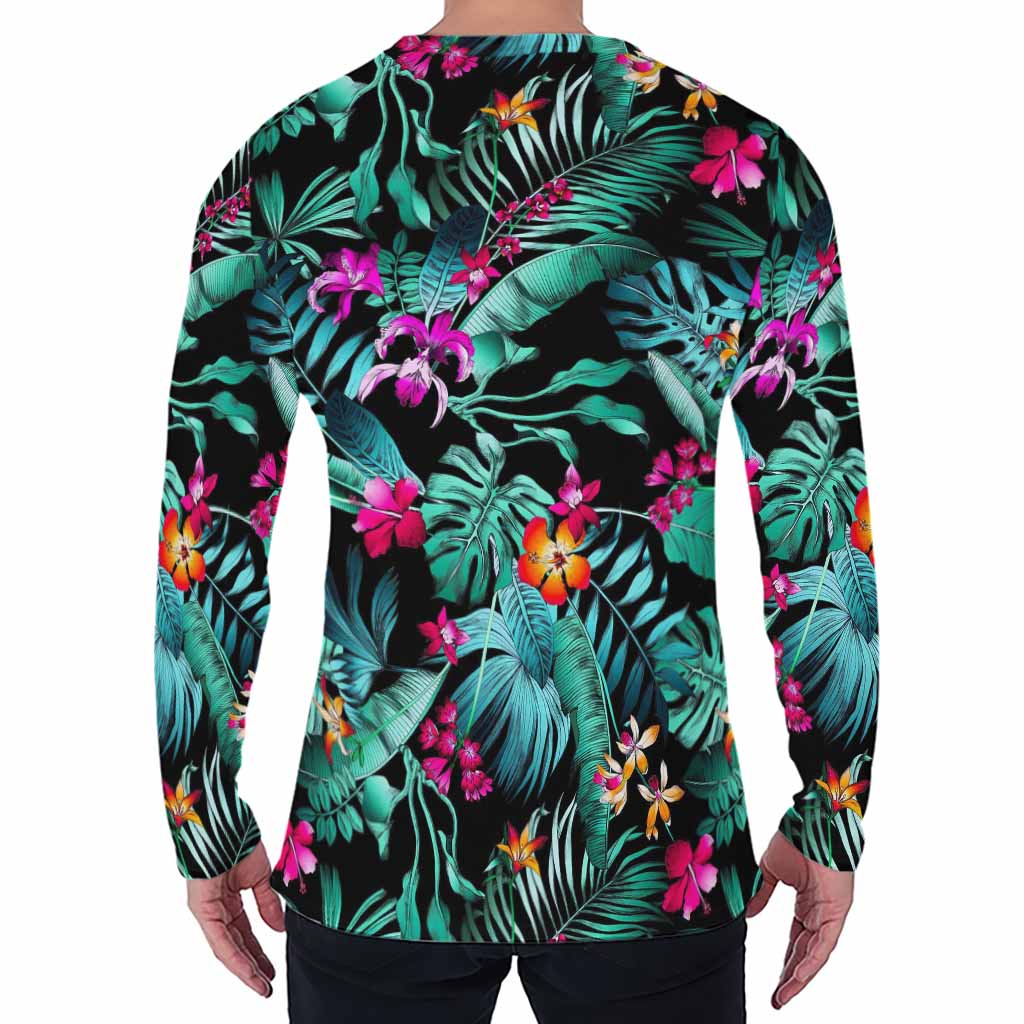 Teal Tropical Leaf Hawaii Pattern Print Men's Long Sleeve T-Shirt