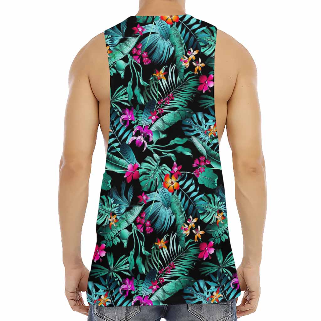 Teal Tropical Leaf Hawaii Pattern Print Men's Muscle Tank Top